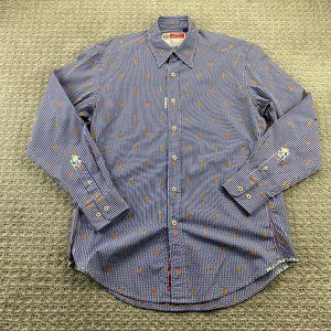 Robert Graham Shirt Men Medium M Blue White Checkered Button Up Guitar All Over